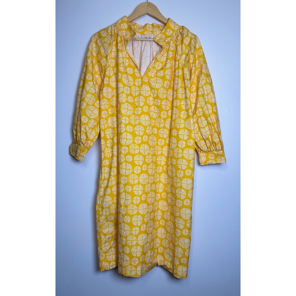 Ann Mashburn Womens 100% Cotton Dress M Yellow Geometric Ruffle Neck Pockets